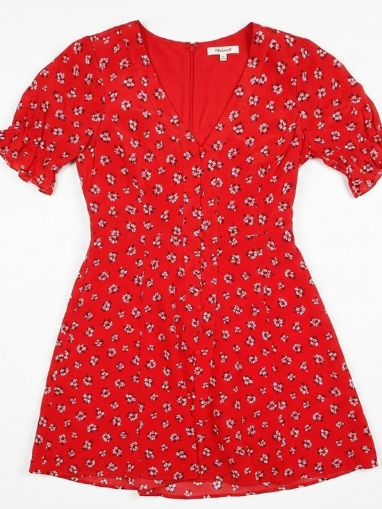 Madewell Dresses & Skirts - Madewell Red Floral V-Neck Mini Dress with Puff Sleeves